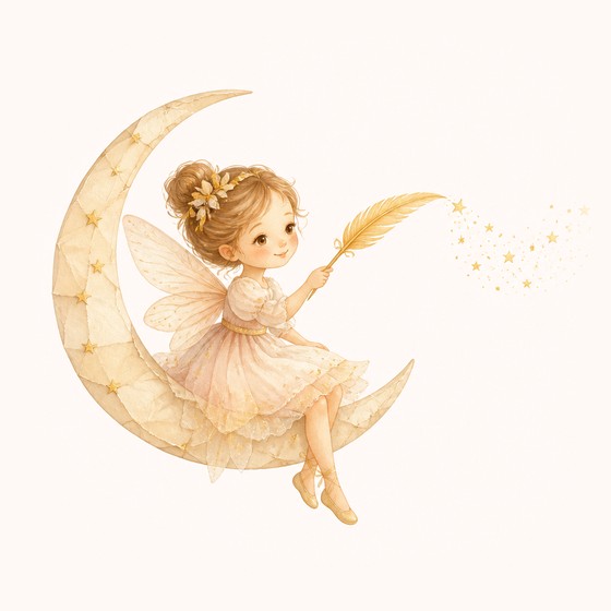 A little fairy on a crescent moon writing sparkles with a golden feather