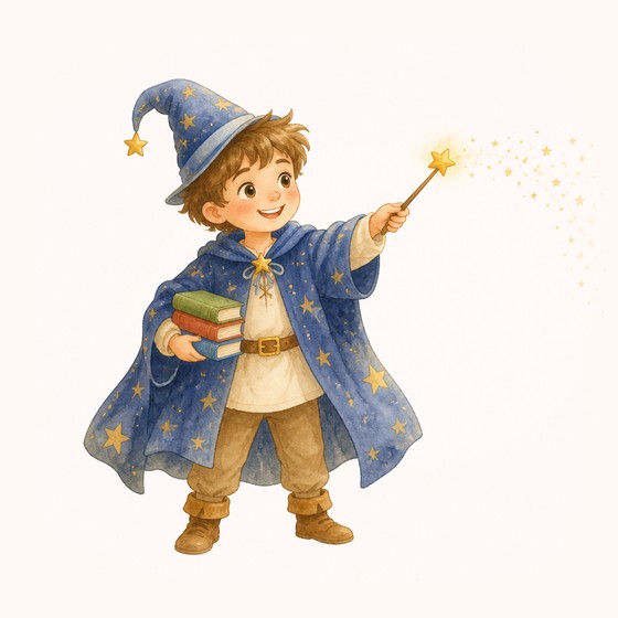 A little boy wizard with books pointing his magic wand