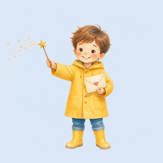 A smiling boy in a yellow raincoat holding a letter and a magic wand