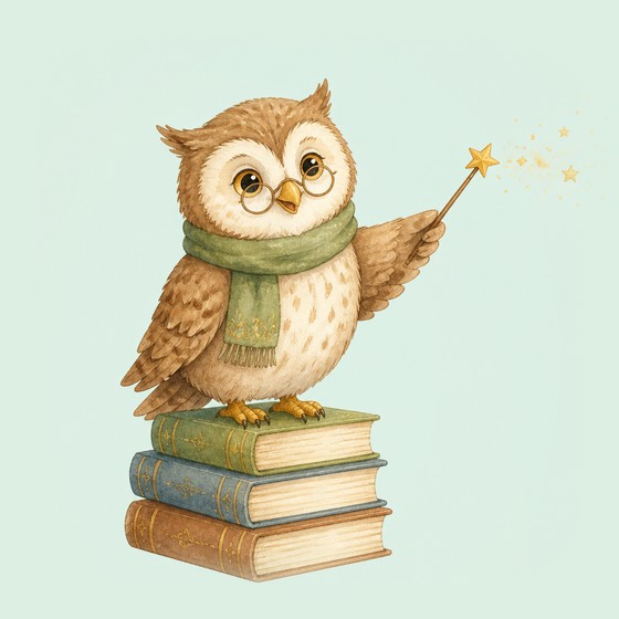 A wise owl with glasses on a stack of books holding a magic wand