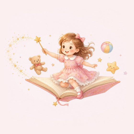 A little girl riding a flying book, waving a magic wand