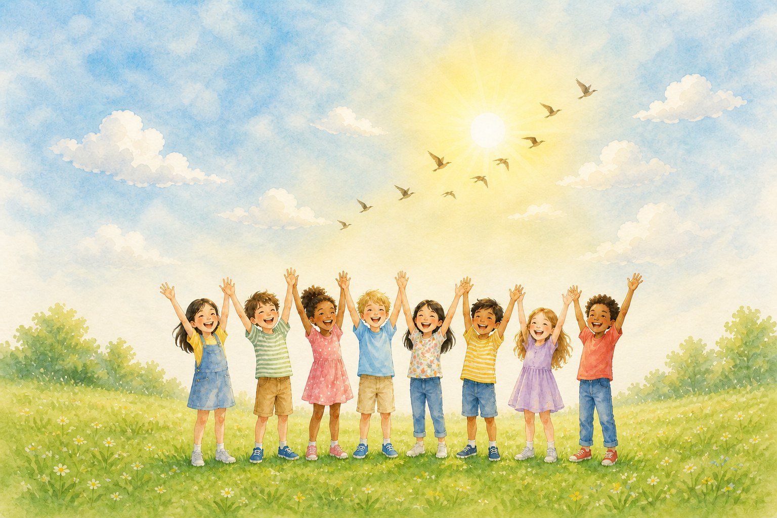 Eight happy girls and boys standing together in a sunny meadow with their arms raised, under a bright sun with birds and clouds, in soft watercolor